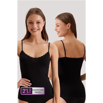 Pierre Cardin2'li Ekonomik Paket Siyah 1024 Ince Askılı Dantelli Pamuklu Atlet