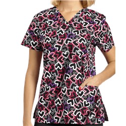 White Cross Scrubs Neon Hearts Print Top