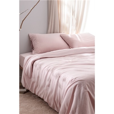 Loris King Size %100 Pamuk Nakışlı Nevresim Takımı - Pudra