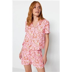 TRENDYOLMİLLA Pembe Hayvan Desenli Gömlek-Şort Viskon Dokuma Pijama Takımı THMSS21PT0861