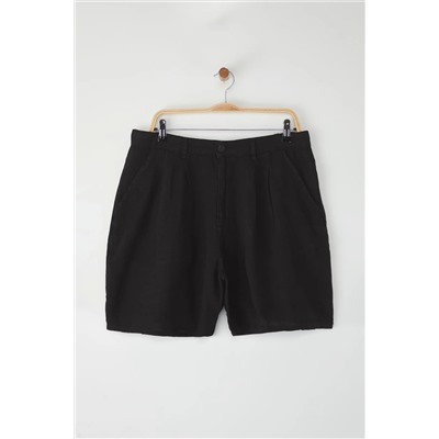 Siyah %100 Keten Dokuma Şort & Bermuda TBBSS25AP00038