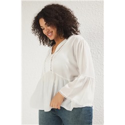 Trendyol Curve Beyaz V Yaka Uzun Kol Dokulu Peplum Dokuma Büyük Beden Bluz TBBSS25AF00042