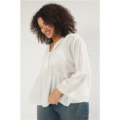 Trendyol Curve Beyaz V Yaka Uzun Kol Dokulu Peplum Dokuma Büyük Beden Bluz TBBSS25AF00042