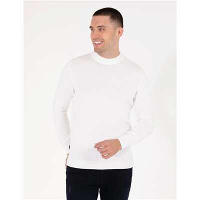 Ekru Slim Fit Çeyrek Yaka Basic Triko Kazak