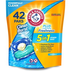 Arm & Hammer Clean Burst 5-in-1 Laundry Detergent Power Paks, High Efficieny (HE), 42 Count