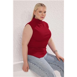 Kırmızı Dik Yaka Asimetrik Örme Büyük Beden Bluz TBBSS25AF00039