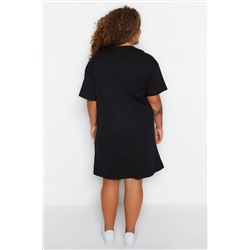 Siyah Bisiklet Yaka Leopar Baskılı %100 Pamuk Örme Büyük Beden T-shirt Elbise TBBSS23AH00163