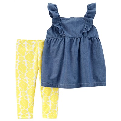 2-Piece Chambray Flutter Top & Floral Legging Set