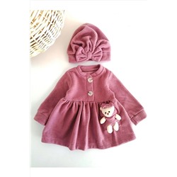 aryakids Kız Bebek Ahşap Düğmeli Ayıcıklı Boneli Kışlık Elbise Gül Kurusu aryakışlıkelbise04