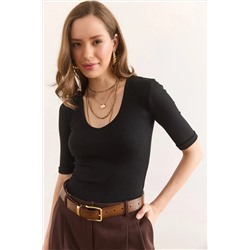 Olalook, Kadın Siyah Derin V Yaka Duble Kol Esnek Pamuk Bluz BLZ-19002951