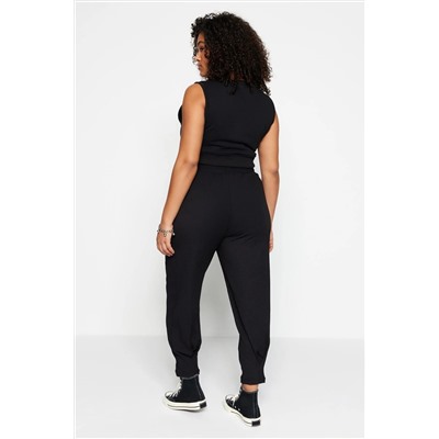 Siyah Havuç Fit Beli Lastikli Örme Büyük Beden Pantolon TBBSS23AR00002