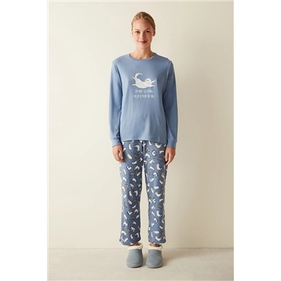 Penti Kedi Desenli Termal Mavi Pijama Takımı PNUGFU6D23SK-BL6