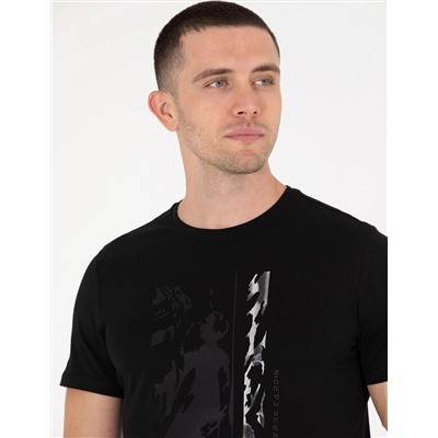 Siyah Slim Fit Baskılı Bisiklet Yaka Tişört
