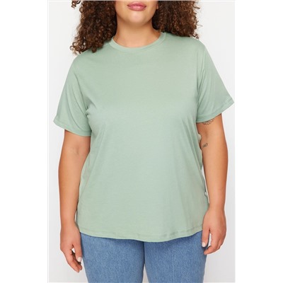 Mint Yeşili Boyfriend Fit Yanda Çıt Çıt Detaylı %100 Pamuk Örme Büyük Beden T-shirt TBBSS24BF00000