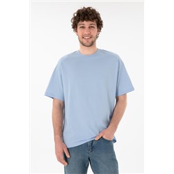 Erkek Oversize Fit Bisiklet Yaka Açık Mavi Tişört