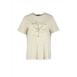 Bej Bisiklet Yaka Metalik Baskılı %100 Pamuk Örme T-Shirt TBBSS22TS2287