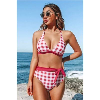 Averie Red Gingham Triangle Belted Bikini