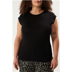 Siyah Kaşkorse Fitted/Vücuda Oturan Örme Büyük Beden Bluz TBBSS25AF00011
