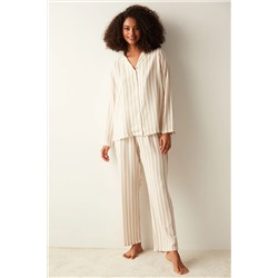 Penti Relax Bej Çizgili Gömlek Pantolon Pijama Takımı PNB5NT1X23SK-BG37