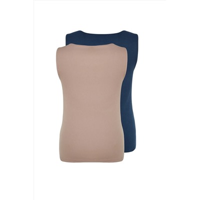 Vizon-İndigo Basic Fitilli 2'li Paket Kare Yaka Örme Büyük Beden Atlet TBBSS22AL0024