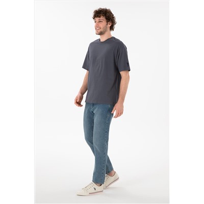 Erkek Oversize Fit Bisiklet Yaka Antrasit Tişört