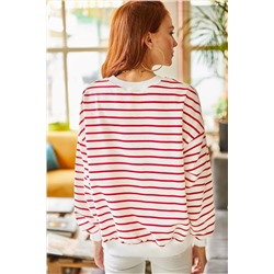 Olalook Kadın Beyaz Bordo Çizgili Basic Yumuşak Dokulu Salaş Sweatshirt SWT-19000457
