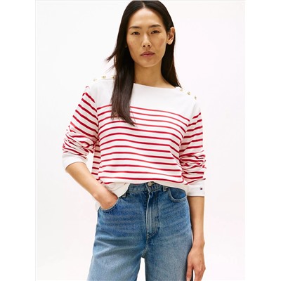 Gold-Button Stripe Long-Sleeve T-Shirt
