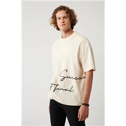 Bej %100 Pamuk Bisiklet Yaka Baskılı T-Shirt