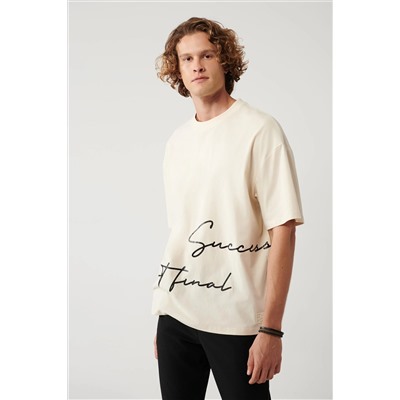 Bej %100 Pamuk Bisiklet Yaka Baskılı T-Shirt
