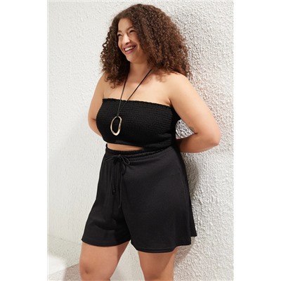 Siyah Beli Lastikli Büyük Beden Örme Şort TBBSS22AP00002