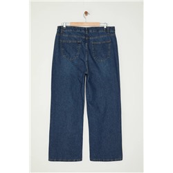 Koyu Mavi Yüksek Bel Soluk Efekt Vintage Yıkama Geniş Paça Büyük Beden Wide Leg Jeans TBBSS24CJ00042