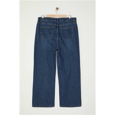 Koyu Mavi Yüksek Bel Soluk Efekt Vintage Yıkama Geniş Paça Büyük Beden Wide Leg Jeans TBBSS24CJ00042