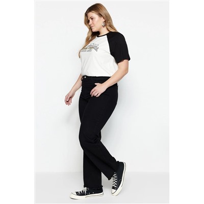 Siyah Yüksek Bel Pis Uç Detaylı Geniş Paça Comfort Büyük Beden Wide Leg Jeans TBBSS23CJ00009