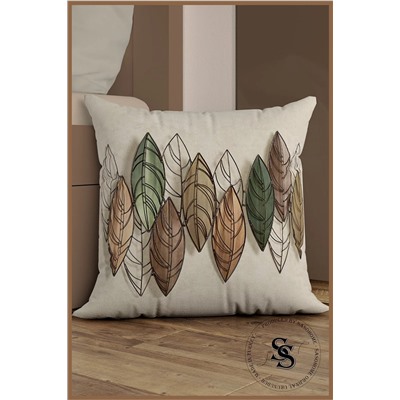 SasoHome Krem Zemin Üzerine Renkli Yapraklar Desenli 43x43 Cm 3d Dijital Baskılı Kırlent - Yastık Kılıfı Saso-499