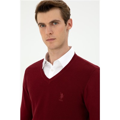 Erkek Slim Fit V Yaka Bordo Basic Kazak
