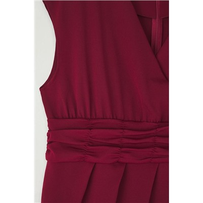 Bordo Dokuma Beli Büzgülü Elbise TBBSS22AH0247