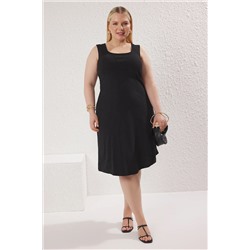 Trendyol Curve Siyah Kayık Yaka A-line Kaşkorse Örme Büyük Beden Elbise TBBSS25AH00196