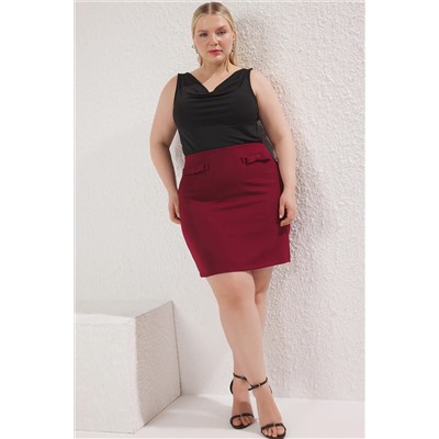 Bordo Mini Fiyonklu Dokuma Büyük Beden Etek TBBSS25AZ00024