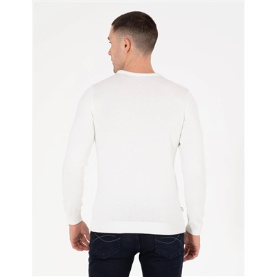 Ekru Slim Fit Bisiklet Yaka Basic Triko Kazak