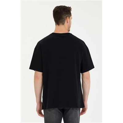 Erkek Siyah Oversize Bisiklet Yaka Tişört