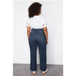 Koyu Mavi Yüksek Bel Soluk Efekt Vintage Yıkama Geniş Paça Büyük Beden Wide Leg Jeans TBBSS24CJ00050