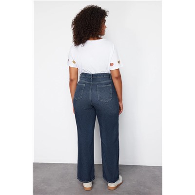Koyu Mavi Yüksek Bel Soluk Efekt Vintage Yıkama Geniş Paça Büyük Beden Wide Leg Jeans TBBSS24CJ00050