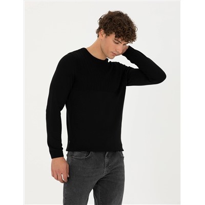 Siyah Slim Fit Bisiklet Yaka Triko Kazak