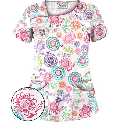 UA Spring Out White Asymmetrical Print Scrub Top