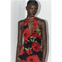 FLORAL PRINT TULLE SCARF DRESS