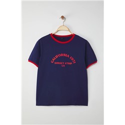 Lacivert Bisiklet Yaka Basklı Örme Büyük Beden T-Shirt TBBSS25BF00014