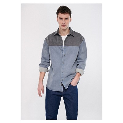 Mavi Blok Renkli Denim Gömlek Loose Fit / Bol Rahat Kesim 0210510-80796