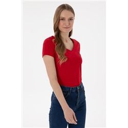 Kadın Kırmızı V Yaka Basic Tişört