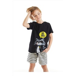 Denokids Rakun Erkek Çocuk Siyah T-shirt Çizgili Şort Takım CFF-23Y1-029
