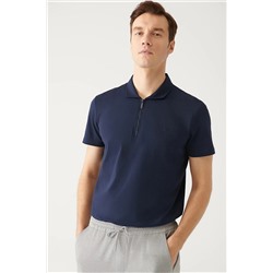 Avva Erkek Lacivert %100 Pamuk Fermuarlı Standart Fit Normal Kesim Polo Yaka T-shirt E001034